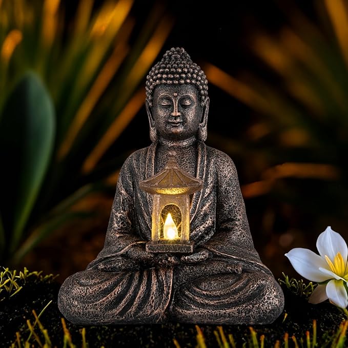 Buddha Garden Statue with Solar Light, Resin Zen Decor for Outdoor Patio or Indoor Meditation, Spiritual Gift for Women and Friends (Copper Pavilion)