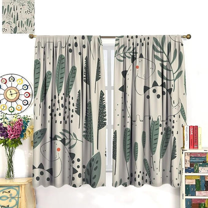 Funny Dinosaur Curtains, Jungle Cute Cartoon Animals Tropical Leaves Plant Beige Green Print Blackout Window Treatments for Kids Boys Girls Bedroom Living Room 63x72in