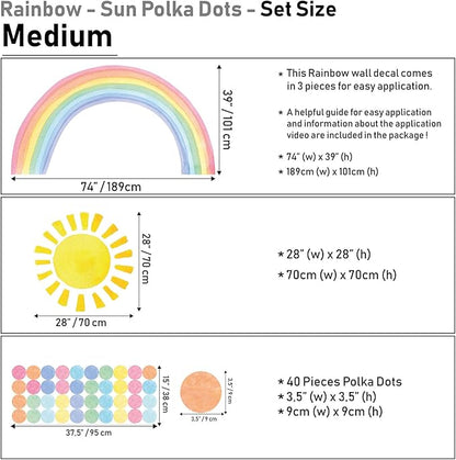 Watercolor Rainbow, Sun, Polka Dots Wall Decal for Kids Room, Nursery, Baby Room Decor, Polka Dots Mural, Rainbow Wallpaper (Rainbow-Sun-Polkadots, Medium)
