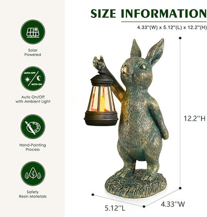 MININOVA Rabbit Garden Statues with Solar Lantern Bunny Outdoor Resin Sculpture for Patio Yard Lawn Decorations Gifts for Mother’s Day Housewarming Christmas