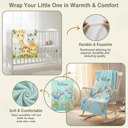 Personalized Woodland Baby Blanket with Name, Custom Name Blanket for Boy, Printed in USA, Super Soft Blankets for Newborn, Customized Gifts for Baby Shower Birthday Christmas