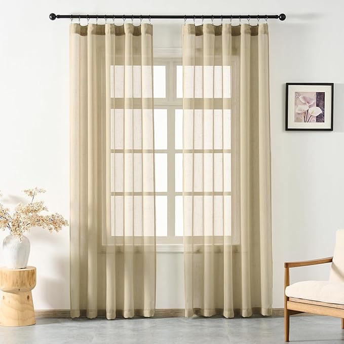 Taupe Sheer Curtains 84 Inches Long, Neutral Linen Look Textured Light Filtering Drapes Decor, Tan Beige Transparent Window Treatments, Rustic Pinch Pleat Curtain with Hooks