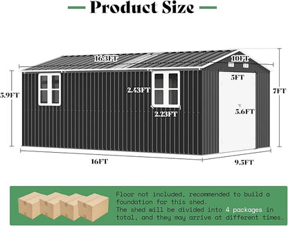 AMERLIFE 10x16x7.2 FT Metal Storage Shed with 2 Transparent Panels, Outdoor Tool Shed with Hinged Double Doors, Windows & Vents, Reinforced Steel Frame for Backyard Garden, DIY Workshop, Dark Gray