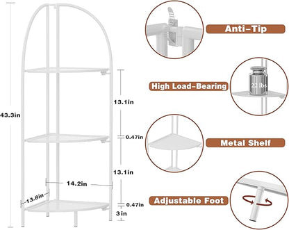 Crofy Foldable 3 Tier Corner Shelf, Metal Corner Plant Stand with White Frame and White Shelves, Corner Display Rack Multipurpose Shelving Unit for Living Room, Bedroom, Bathroom