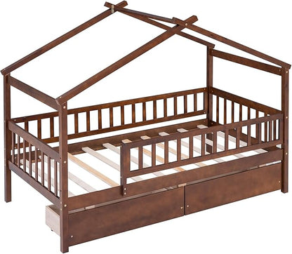 Twin House Bed with 2 Storage Drawers, Kids Twin Bed Frame with Rails and Roof, Tent Bed, Wooden Twin Daybed, Twin Montessori Bed for Kids Teens Girls & Boys, No Box Spring Needed (Walnut)