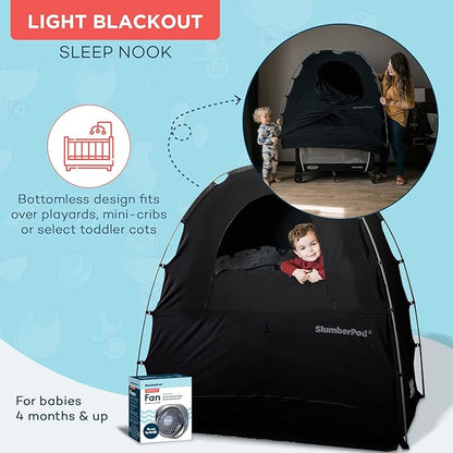 SlumberPod with Fan The Original Blackout Sleep Tent Travel Essential for Baby and Toddlers, Mini Crib and Pack n Play Cover, Sleep Pod with Monitor Pouch and Fan Pouch, Blocks 95%+ Light, Black