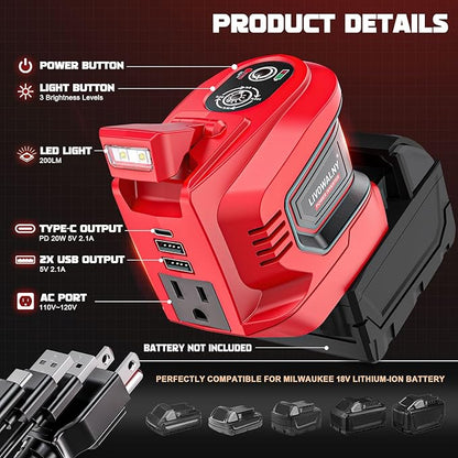 Real 200W Power Inverter Compatible with Milwaukee, DC 18V to AC 110-120V Battery Inverter, Portable Power Station Generator, Charger Adapter Battery Powered with 2 USB & 1 Type-C & 1 AC Outlet