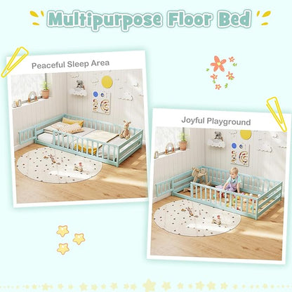 KOMFOTT Twin Size Wood Floor Bed with Door & Fence, Montessori Bed Frame with Full Length Safety Guardrails, Door & Latch, Wooden Montessori Floor Bed for Kids, Girls, Boys (Twin,Light Green)