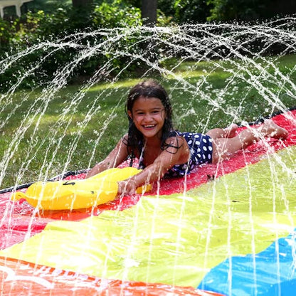 JAMBO Premium 16Ft Slip Splash and Slide and 3 Bodyboards, Heavy Duty Water Slide - 3-Way Sprinkler System, Splash Mat Pad, Backyard Outdoor Water Toys n Slides for Kids
