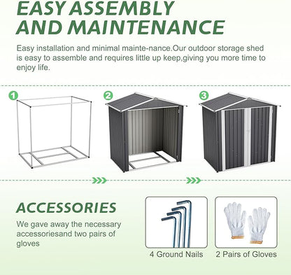 4×6 Ft Metal Outdoor Storage Shed with Floor Base, 0.25mm Galvanized Steel Metal Garden Shed Waterproof with Lockable Door for Backyard, Patio, Garden, Dark Grey