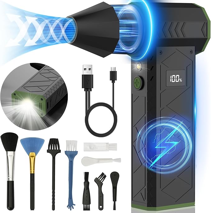 Compressed Air Duster with Flashlight, 180000RPM Electric Air Duster with 4 Gear, 10000mAh Rechargeable Air Blower with LED Light, Air Duster for Car, Computer, Keyboard, Outdoors, Home (Green)