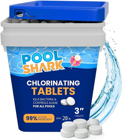 Pool Shark Swimming Pool Chlorine Tablets - 3-Inch Chlorine Tablets - Slow-Dissolving 90% Active Chlorine Tabs - Pool Chemicals for Inground Pools, Above Ground Pools, Saltwater, Spa, Hot Tub (20 lbs)