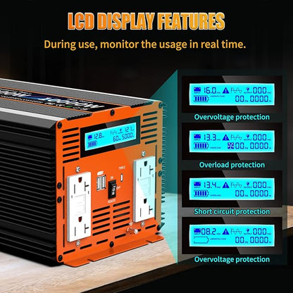 5000W Pure Sine Wave Power Inverter 12V DC to 110V 120V Converter for Family RV Off Grid Solar System Emergency Power Supply, Type-C Port 4 GFCI AC Outlet Dual USB Remote Control and LCD Display