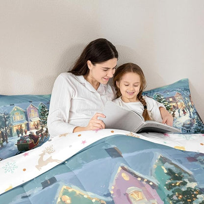 Feelyou Watercolor Christmas Comforter Set Queen Size Santa Claus Bedding Set for Kids Boys Girls Reindeer Sled Duvet Quilt Xmas Tree Bedroom Decor Microfiber 3 Pcs with 2 Pillow Cases