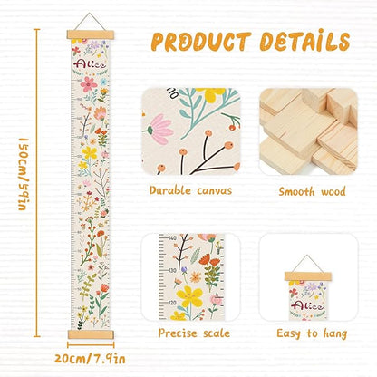 Personalized Name Growth Chart for Wall, Painted Plants Canvas Height Chart for Kids Baby Child Toddler, Canvas Growth Chart for Wall Nursery Decor, Hangable & Waterproof