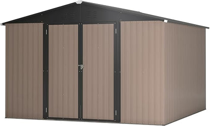 10x10 FT Outdoor Storage Shed, Large Metal Garden Shed with Lockable Hinged Doors, Outside Tool Shed with Sloped Roof & 4 Air Vents, Waterproof Storage Building for Backyard, Patio, Lawn, Brown