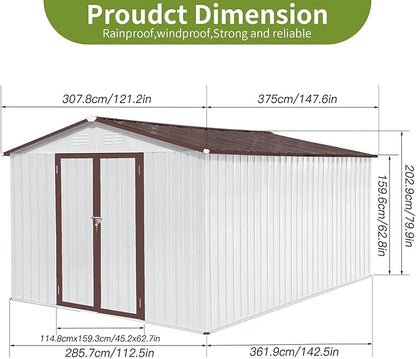 12x10FT Heavy-Duty Metal Storage Shed, Extra-Large Outdoor Shed with Apex Roof, Steel Vents & Hinged Door, Includes Free Padlock for Secure Tool & Equipment Storage (Easy Assembly)