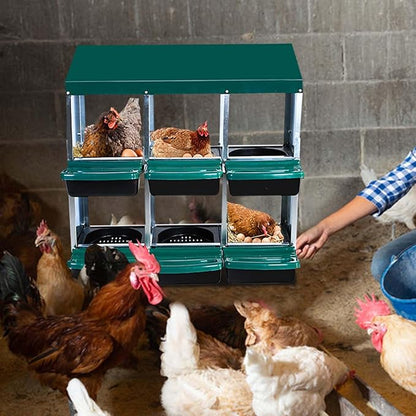 6 Compartment Metal Chicken Nesting Box – Roll Away Design with Lid, Easy Egg Collection, Wall Mount Hen Roosting Nest Box – Green (Without Bracket Legs, 6 Compartment Egg Laying Box)