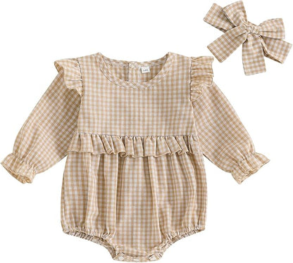 Karuedoo Newborn Baby Girl Clothes Gingham Plaid Bubble Romper Long Sleeve Ruffle Bodysuit with Headband Spring Fall Outfit