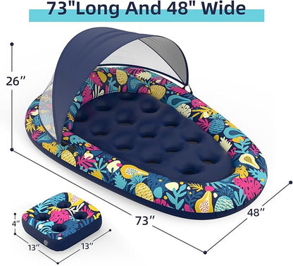3-in-1 Pool Floats with Canopy Cup Holder, Large 73" x 48" Pool Floats Adults Heavy Duty, Inflatable Lounger Raft Floating Chair with Backrest, Swimming Pool Lake Beach Pool Party