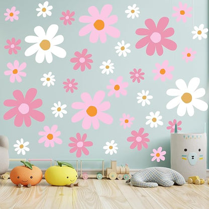 TaoBary 12 Sheets Daisy Wall Decal Flower Wall Sticker Cute Daisy Sticker Pink White Flower Decal Peel and Stick Floral Wallpaper for Nursery Bedroom Home Decor(Pink Color,Vibrant Style)