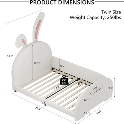 Harper & Bright Designs Twin Size Upholstered Rabbit Shape Princess Bed Frame for Boys Girls Kids Adults Toddler, Twin Size Platform Bed with Headboard and Footboard,White
