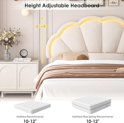 HIFIT Queen Upholstered Smart LED Bed Frame with Adjustable Chic Petal Headboard, Soft Princess Queen Size Platform Bed Frame for Girls, Wooden Slat Support, No Box Spring Needed, Easy Assembly, Beige