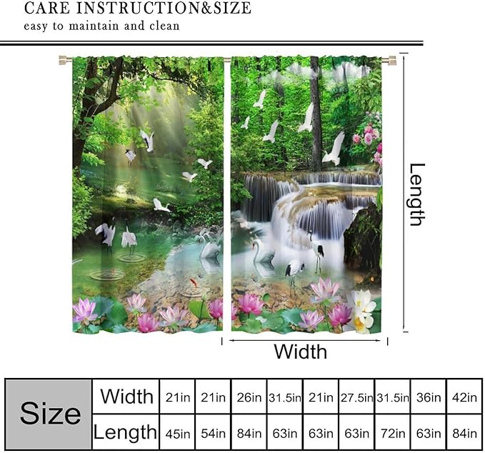 Nature Blackout Curtain, Waterfall Landscape Forest Swan Fish Pattern Rod Pocket Window Drapes, for Bedroom Living Room 42" W X 63" L