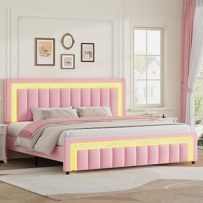 HOMBCK Bed Frame King with LED Lights and Velvet Upholstered Headboard