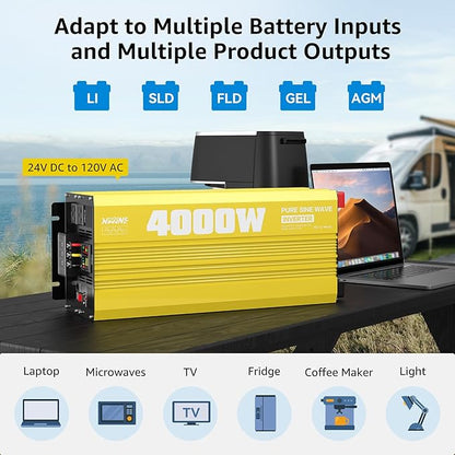 XWJNE 4000W Pure Sine Wave Power Inverter 24V DC to 120V AC Converter with LED Display and Remote Controller for Home, RV, Truck, Off-Grid Solar Power