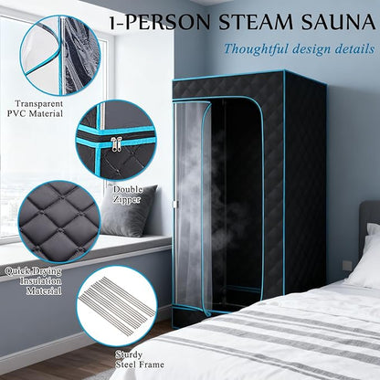 Sauna,Portable Steam Sauna,Fold-able Wet Sauna Tent Set with 2.5L 1500W Steamer,Full Size Home Sauna,with Folding Chair,Remote Control,Blue Sauna for Gym,Pilates,Garage,Hot Tub