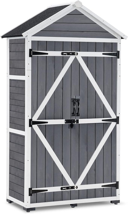 MCombo Outdoor Storage Cabinet with 2 Shelves, Outside Storage Shed with Floor, Wooden Garden Tool Shed with Latch for Yard Deck Lawn, 1000