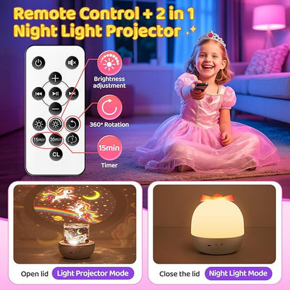 Pikoy Unicorn Toys for Girls Gifts, 15 Films+15 Lullaby Sound Machine for Kids Night Light Projector, Remote+Rechargeable Night Light for Kids Gifts, 360 °Rotation Princess Mermaid Toddler Girl Toys