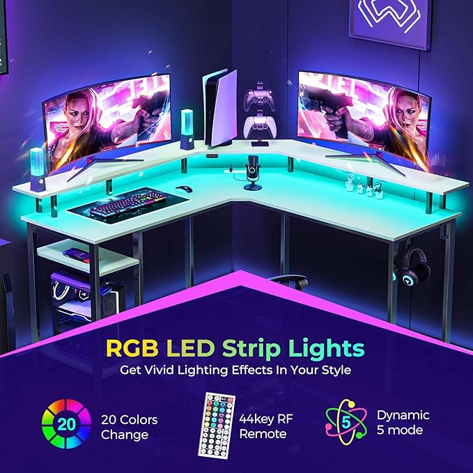 Rolanstar L Shaped Gaming Desk with LED Lights & Power Outlets, 53" Computer Desk with Full Monitor Stand & Storage Shelf, Corner Desk with Hooks, White Desk Reversible