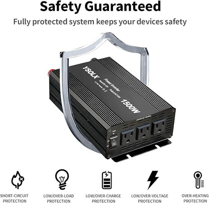 YSOLX 1500W Power Inverter 12V to 110V，Dc to Ac Inverter 3 AC Outlets，1500 Watt Inverter for Hurricanes, Power Outages，RV, Camping