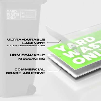 Yard Waste Sticker - Yard Waste Bin Sign - with Helpful Tips and Do & Don't Reminder - 3-5 Year Indoor/Outdoor Rated - Heavy Duty, Weather Proof, Ultra Durable - USA Made (6x2 inch), 20 Labels