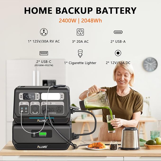 ALLWEI LiFePO4 Solar Generator 2400W with 2x 200W Solar Panels & B200 PRO Expansion Battery, 4096Wh Portable Power Station, Fast Charge in 1.5H, UPS Battery Backup for RV Camping Home Off-Grid