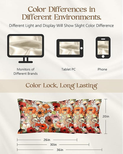 Silk Pillowcase 2 Pack - Pillow Cases 20" x 36" King Size Set of 2 for Hair and Skin Smooth Soft Breathable with Hidden Zipper Cooling Pillow Covers for Sleeping, Mushroom Bushes
