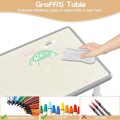 Kids Table and 4 Chairs Set, Height Adjustable Toddler Table and Chairs Set for Ages 2-10, Graffiti Desktop, Non-Slip Legs, Arts & Crafts Table, Children Activity Table for Daycare Classroom Home