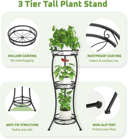 iDavosic.ly 3 Tier Tall Metal Plant Stand Indoor Outdoor, Wrought Iron Corner Flower Pot Holder Shelf, 34 Inch Vertical Display Rack for Patio Porch Living Room Garden, Black