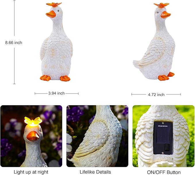 Goodeco Garden Goose Statue with Solar Butterfly - Outdoor Goose Decor for Unique Gifts for Mom & Garden Lovers (Off White)