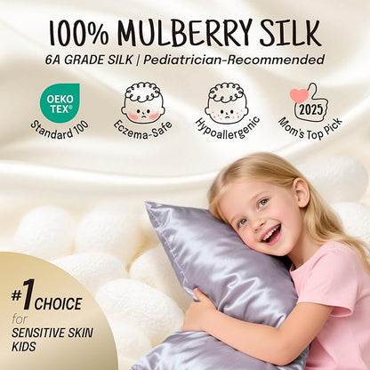 OLESILK 100% Mulberry Silk Toddler Pillowcase for Hair and Skin, Both Sides 19 Momme Pure Natural Silk Travel Pillow Cases with Hidden Zipper, 13"x 18", Iron Grey