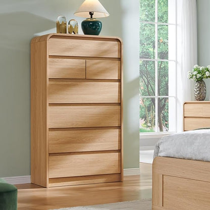 Modern 7 Drawers Dresser for Bedroom, 55" Tall Dressers & Chest of Drawers w/Curved Profile Design, Wood Mid Century Vertical Storage Dressers Organizer for Bedroom, Living Room, Natural Oak