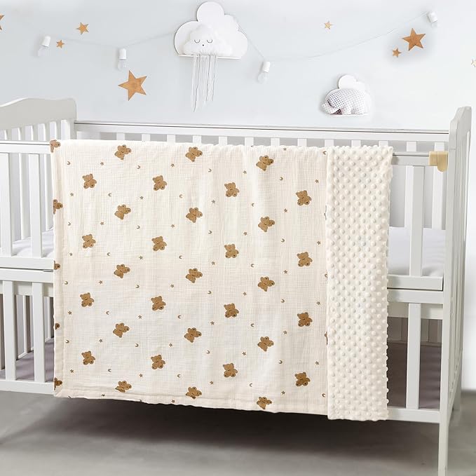 CREVENT 30''X40'' Organic Muslin Cotton Baby Blanket for Newborns, Soft Mink Backing, Essential for Baby Shower Birthday Gift - Bear 75X100cm