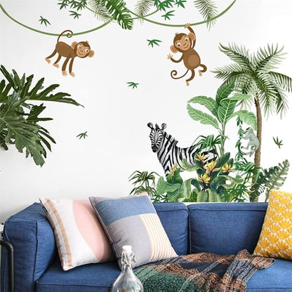 Large Size Tropical Palm Green Leaf Plant Animals Jungle Wall Decals For Kids Room Bedroom Cute Monkey Zebra Giraffe Big Vinyl Self-adhesive Wallpaper Peel and Stick Woodland Forest Kindergarten Decoration Sticker Removable DIY Nursery Mural