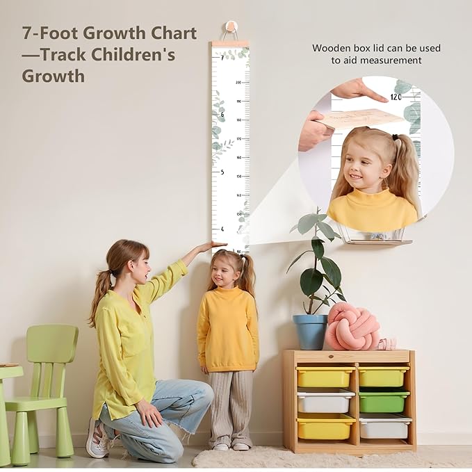 let's make Growth Chart for Wall 7 Ft Height Chart with Keepsake Box & Hook Waterproof Canvas Measure Wall Ruler Removable Neutral Nursery Wall Decor for Baby Kids Toddlers