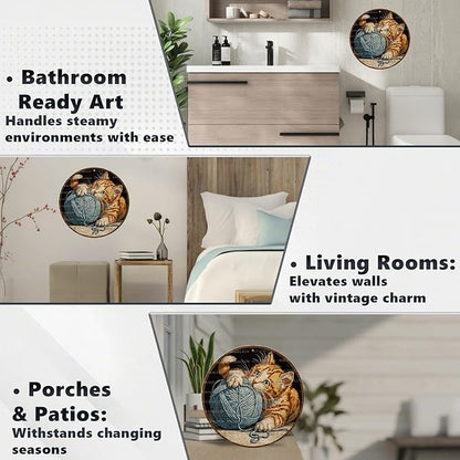 Vintage Orange Tabby Round Metal Sign Retro Yarn Ball Tin Sign Nostalgic Cat Lovers Wall Decor Decorations for Home Bedroom Living Room Cafe Bar Bathroom Shop 12 * 12 In
