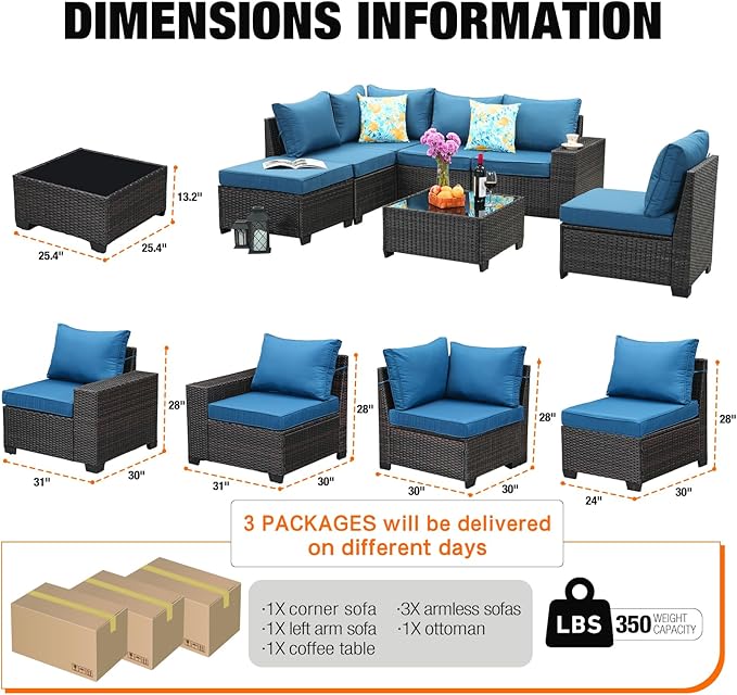 8 Pieces Patio Furniture Set All-Weather Outdoor Wicker Sectional Conversation Sofa Rattan Patio Seating Sofa with Cushion and Glass Table for Porch Poolside,Peacock Blue