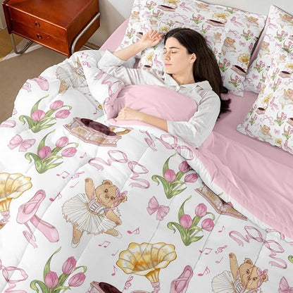 Pink Bowknot Princess Comforter King Size,Ballet Shoes Bear Dancer Cartoon 7 Pcs Bedding Set,Tulip Flower Music Note Record Decor,Bow Tie Romantic （Fitted+Sheet+2 Pillowcases+2 Throw Pillow Covers）