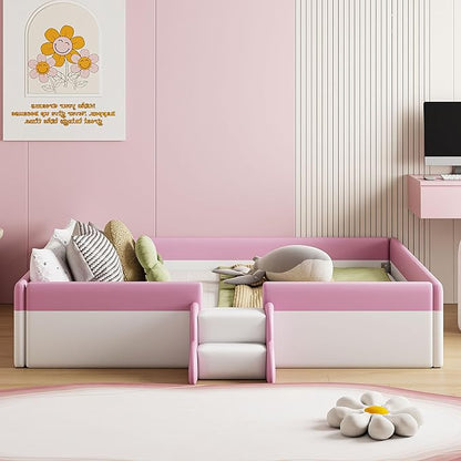 Merax Upholstered Kids' Daybed, Daybed Frame with Fence and Stairs, No Box Spring Needed, Queen Size, Pink+White